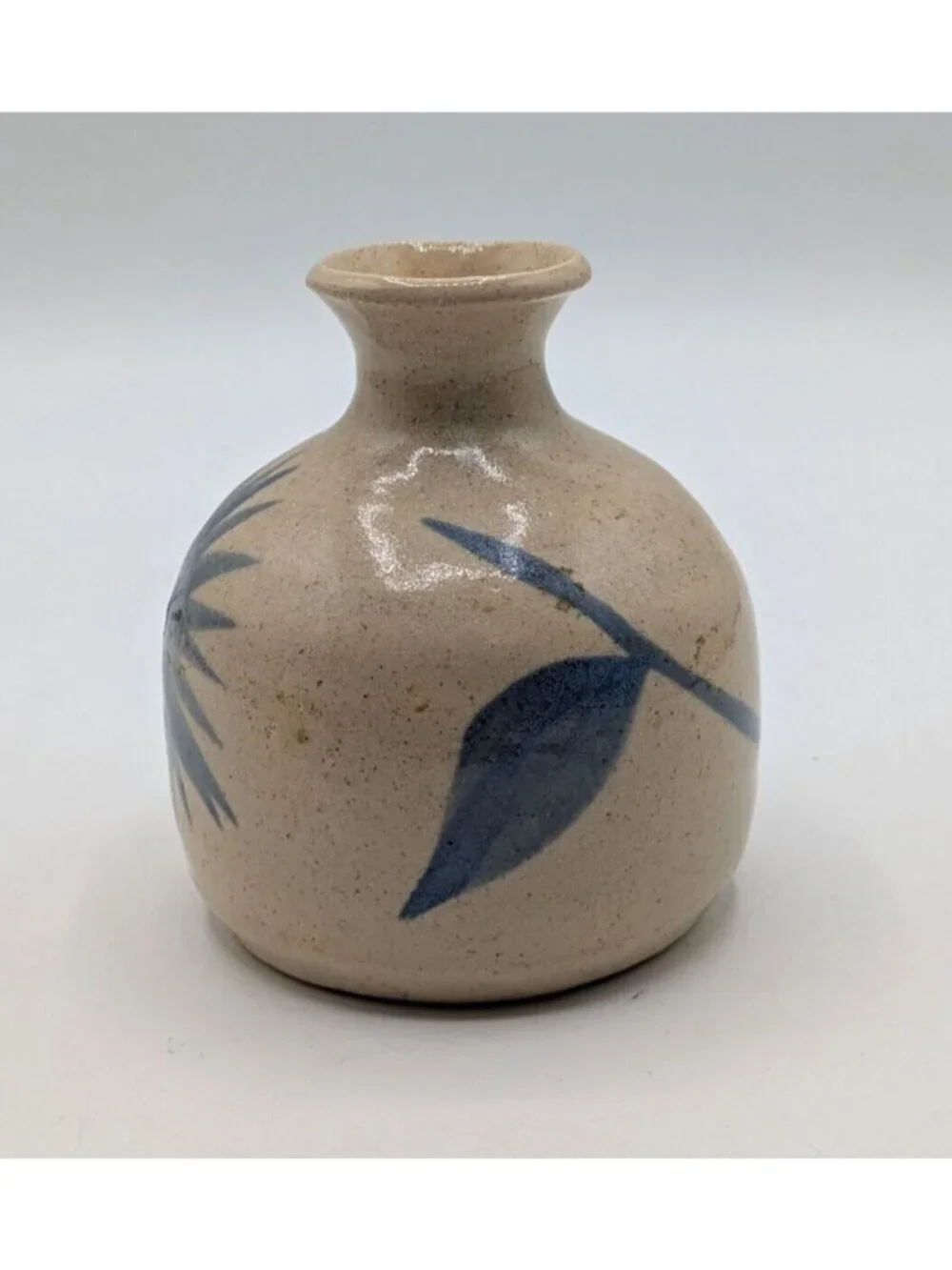 Pair Studio Art Pottery Bud Vase Blue Floral Design Signed Vintage 4